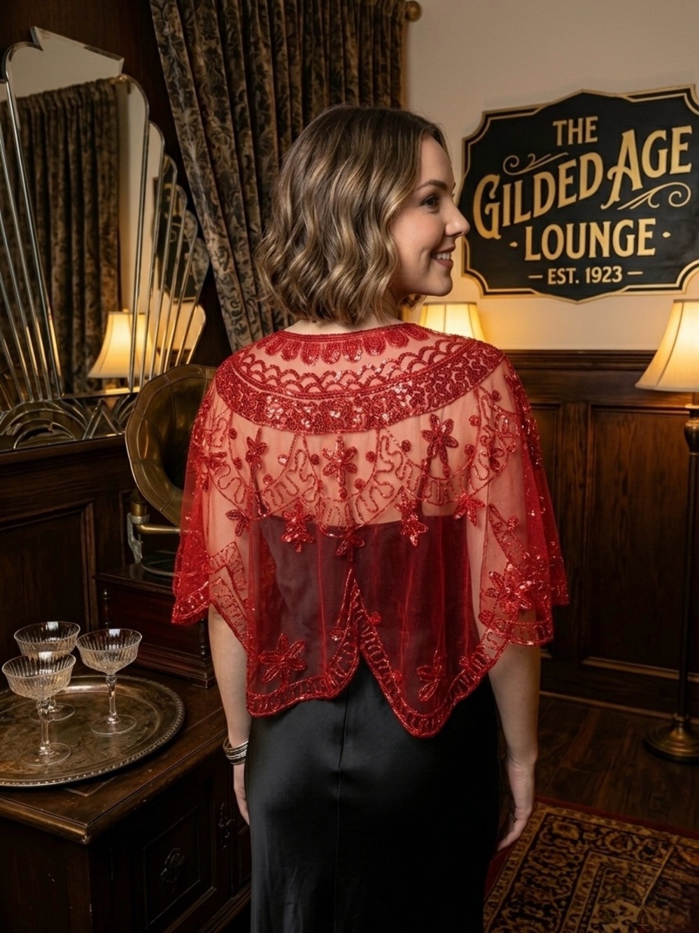 1920s Style Great Gatsby Flapper Red Beaded Sequin Mesh Capelet Shrug - Picture 2 of 7